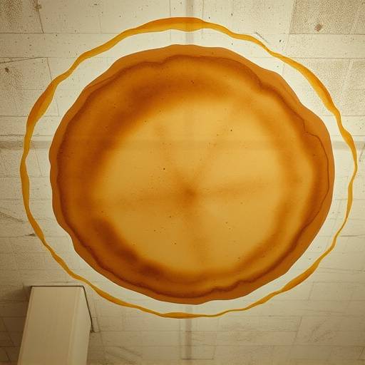 A ceiling with a large, circular brown water stain